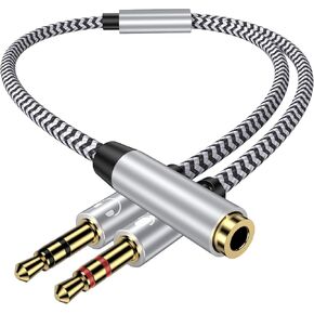 Headphone Splitter Cable,3.5mm Female to 2 Dual Male Headphone Braided Y Splitter Mic Aux Cable for Computer,Separate Audio Stereo Jack Microphone Headphone Port Gaming Headset to PC Laptop Adapter