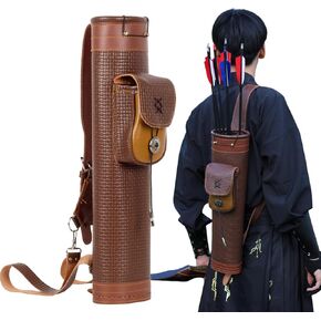 SOPOGER Arrow Quiver Arrow Holder - Handmade Traditional Leather Quiver with Adjustable Strap and Pocket, Archery Shoulder Back Quiver for Arrows Cosplay Bow and Arrow Accessories