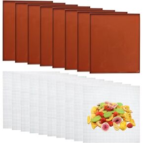 8 Pcs Silicone Dehydrator Mats with Edge 10 Pcs Mesh Screen Dehydrator Sheets, Nonstick Silicone Drye Sheets Silicone Tray Fruit Dryer Trays for Jerky Fruit Herbs Meat Vegetables Cracker