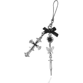 Meefisher Gothic Cross Vintage Y2K Phone Charm,Halloween Accessories, Aesthetic Heart Butterfly Lanyard for Bag Purse Decor, Black