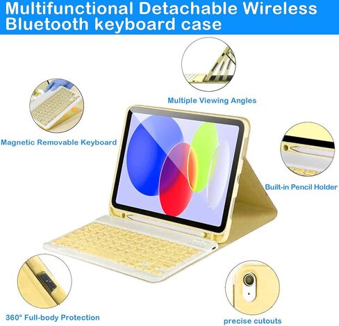 متوافق مع حالة الجيل العاشر من iPad مع لوحة مفاتيح Bluetooth اللاسلكية 2022 ، حامل قلم رصاص مدمج- iPad 10th Gen 10.9 بوصة مع طراز غطاء حالة لوحة المفاتيح A2696/A2757/A2777- الأصفر in Kuwait