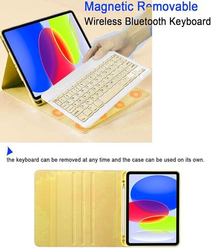 متوافق مع حالة الجيل العاشر من iPad مع لوحة مفاتيح Bluetooth اللاسلكية 2022 ، حامل قلم رصاص مدمج- iPad 10th Gen 10.9 بوصة مع طراز غطاء حالة لوحة المفاتيح A2696/A2757/A2777- الأصفر in Kuwait