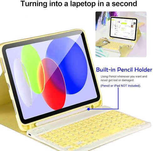 متوافق مع حالة الجيل العاشر من iPad مع لوحة مفاتيح Bluetooth اللاسلكية 2022 ، حامل قلم رصاص مدمج- iPad 10th Gen 10.9 بوصة مع طراز غطاء حالة لوحة المفاتيح A2696/A2757/A2777- الأصفر in Kuwait