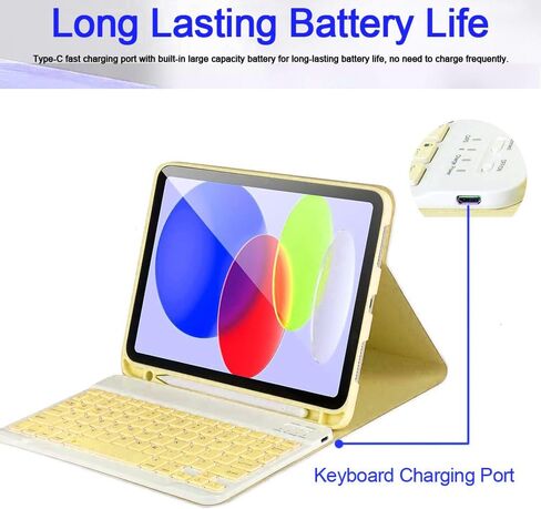 متوافق مع حالة الجيل العاشر من iPad مع لوحة مفاتيح Bluetooth اللاسلكية 2022 ، حامل قلم رصاص مدمج- iPad 10th Gen 10.9 بوصة مع طراز غطاء حالة لوحة المفاتيح A2696/A2757/A2777- الأصفر in Kuwait