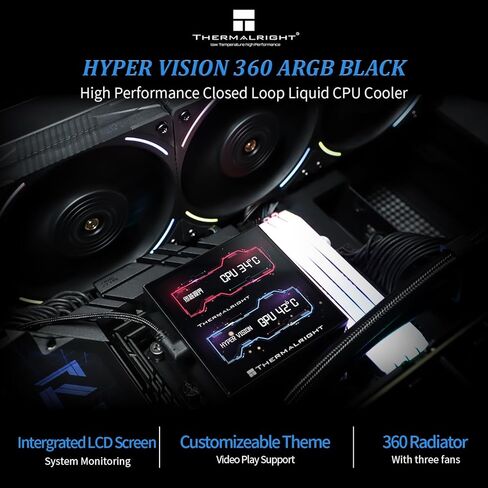 Thermalright Hyper Vision 360 Argb Black Cpu Water Cooler مع 3 مراوح PWM مع شاشة IPS LCD 2150 دورة في الدقيقة مع دقة 480 × 480 ، مبرد CPU السائل لـ AM5 ؛ Intel LGA1700/1851،3.95 بوصة شاشة LCD in Saudi Arabia