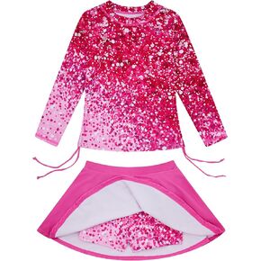 swimsobo Girls Rash Guard Two Pieces Bathing Suit Long Sleeve Swimsuit Swimming Skirt with Shorts Swimwear 3-12T