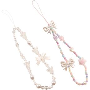 Meefisher 2 Pieces Cell Phone Charms Bow set Lanyard Wrist Straps Rope Cute Sweet Crystal Pendant Accessories Pink White Purple Blue