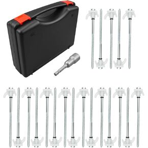 20 Pack 8" Screw in Tent Stakes, Heavy Duty Metal Anchors Stakes Glow in The Dark, Hex Pegs Drillable Tent Stake with Hexagon Head Driver and Storage Box