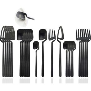 JASHII Silverware Set Satin Finish 24-Piece Stainless Steel Flatware Set Kitchen Utensil Set Service for 6 Tableware Cutlery Set Dishwasher Safe (Matte Black)