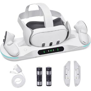 Charging Dock for Meta Quest 3, Auto-Clamping VR Charging Stand for Quest 3 VR Headset and Controllers, Magnetic Fast Charging Station Accessories with 2 Rechargeable Batteries, LED Indicator