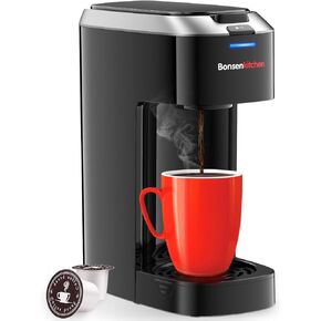 Bonsenkitchen Single Serve Coffee Maker, Coffee Brewer for K Cup Capsule, Fast Brewing Coffee Machine, Space Saving Design, 6 to 14oz Brew Size, Fits 6.6" Travel Mugs, Silver
