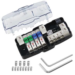 Fused Power Distribution Block Car Audio 4 Way MIDI (Mini-ANL) Fuse Block 12V 0/4 Gauge with Red Indicator for Auto Boat UTV Stereo Amp