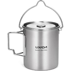 Camping Cup, 750ml Stainless Steel Pot Portable Water Mug Cup with Lid and Foldable Handle Outdoor Camping Cooking Picnic