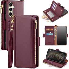 Antsturdy Compatible with Samsung Galaxy S25 Ultra Wallet Case with Card Holder,PU Leather Phone Case Flip Protective Cover RFID Blocking Wrist Strap Credit Card Slots Kickstand Men Women,Wine Red