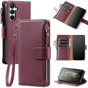 Compatible with Samsung Galaxy A16 5G Wallet Case with Card Holder,PU Leather Phone Case Flip Protective Cover Wrist Strap Zipper Pocket Credit Card Slots RFID Blocking Women Men,Wine Red