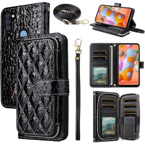 Argyle Wallet Case for Samsung Galaxy A11/M11 with Crossbody/Wrist Strap Lanyard Luxury PU Leather Kickstand Zipper Purse Shockproof Card Holder Cell Phone Cover for A 11 11A Women Men Black