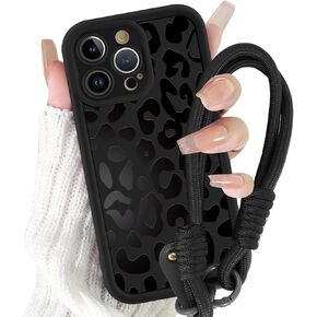 Lanyard Phone Case for iPhone 15 Pro Max 6,7 inch Leopard Print Pattern, Cute Black Cheetah Soft TPU Shockproof Anti-Scratch Protective Cover with Removable Wrist Strap for Women Girls, 03