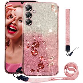 CCSmall Bling Case for Samsung Galaxy S25+ Plus Crossbody Lanyard for Woman Girls, Glitter Diamond Flower Shoulder Strap Wristband Cute Sparkle Protective Case Cover for Samsung S25 Plus YSH Rose