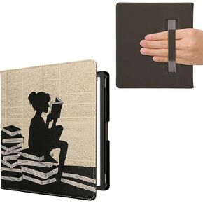 kwmobile Case Compatible with Amazon Kindle Scribe (2022/2024) Case - PU Cover w/Strap - Girl and Books Black/Beige