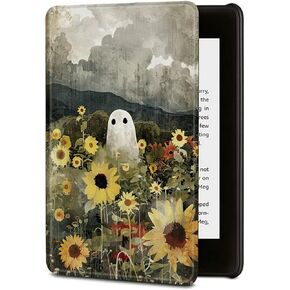 حالة من Kindle Paperwhite 11th Generation 6.8 "، غطاء جلدي PU متين مع غطاء الاستيقاظ/النوم التلقائي للجيل الحادي عشر من Paperwhite و Signature Edition 2021 تم إصداره ، Sunflower Ghost