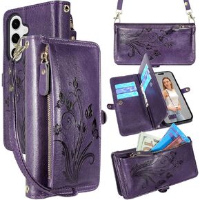Lacass for Samsung Galaxy S25+ Plus Case Wallet,[Cards Theft Scan Protection] Card Holder Zipper Leather Flip Cover Crossbody Wrist Strap with Stand (Floral Blue Green)