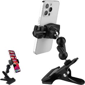 Clip Clamp Phone Holder for Desk/Table/Glass Door/Desktop Baffle/Easel,Compatible with iPhone/Nexus/HTC/LG/Huawei/Smart Phones,360°Adjustment Aluminium Alloy Arm Metal Mount