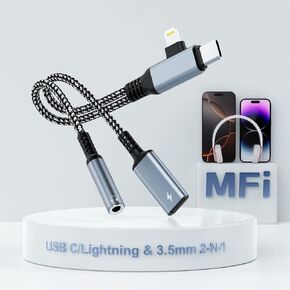 2 in-2 Lightning USBC to 3.5mm Headphone and Charger Adapter, [MFi Certified] USB C to Aux Audio Jack with PD 60W Fast Charging Dongle, Headphone Adapter for iPhone 16/15 14/13, Galaxy, Pixel (Black)