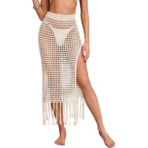 GORGLITTER Women's Crochet Beach Cover Up Skirt Fringe Hem Splited Knit Maxi Skirt Swimwear
