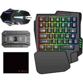 One Handed Gaming Keyboard and Mouse Combo, with Gaming Mouse Converter, Rainbow Backlit 25 Keys Portable Small Mechanical Feel Keyboard Support Customize Button, for Android, PC Gamer