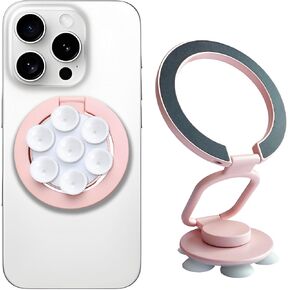 Magnetic Phone Holder wtih Suction Cup, Multifunctional Cell Phone Stand, Mount, Ring Grip, Kickstand Compatible with iPhone 16/15/14/13/12 Series and Magsafe Case (Pink)