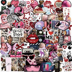 100pcs Aesthetic Stickers Downtown Girls, Y2K Retro Stickers Cool 2000s Cyber Trendy Stickers for Water Bottle Laptop Guitar Skateboard, Vinyl Stickers for Girls Teens Adults (Black, Pink)