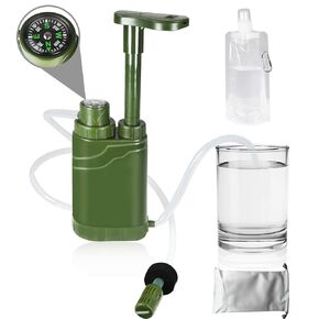 Survival Water Purifier Pump, Camping Hand Pump Water Filter with Collapsible Water Bottle, 4 Filter Stages Water Purification, Portable Outdoor Emergency and Survival Water Filtration System
