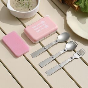 3Pcs Foldable Fork Spoon Spork Set 18/10(304) Stainless Steel Portable Folding Camping Flatware Set for Travel Thermos Outdoor Picnic Fishing Boating Backpacking (Pink)