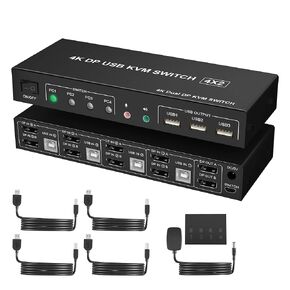 4K@60Hz Displayport KVM Switch 2 Monitors 4 Computers, DP1.2 KVM Switch Dual Monitor with Audio Microphone Output and 3 USB 2.0 Ports, 4 Port KVM Switch Displayport for 4 PCs 2 Monitors
