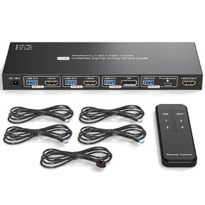 2 HDMI + Displayport KVM Switch Thunderbolt4 KVM Switches 1 Monitors 4 Computers 4K@144Hz for 4 PC Share 1 Monitor and Keyboard Mouse Printer U Disk Support Extend IR Control and IR Control