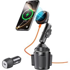 for Qi2 15W Magsafe Car Mount Charger, Phone Holder Car Cup Holder Wireless Car Charger Heat Dissipation System, Fast Charging Magnetic Phone Holder for iPhone 16 15 14 13 12 [with PD Adapter]