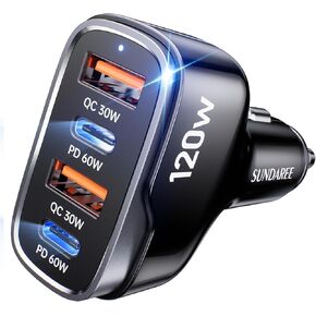 USB C Car Charger, 120W 4 Ports Super Fast Car Charger Adapter, Dual USB-C & USB-A PD60W/QC30W Fast Charging Cigarette Lighter for iPhone 16/15/14/13/12, Samsung Galaxy S24 Ultra/S23, Pixel, Android