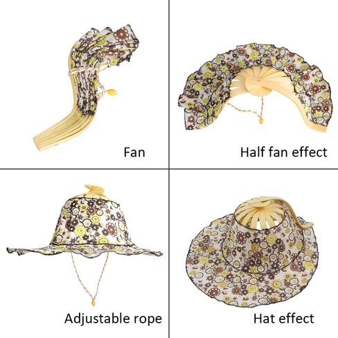 2 in 1 Portable Bamboo Sun Hat for Women, Summer Flower Pattern Hand Fan Foldable Beach Hat for Travel Outdoor (Beige Floral) in Saudi Arabia