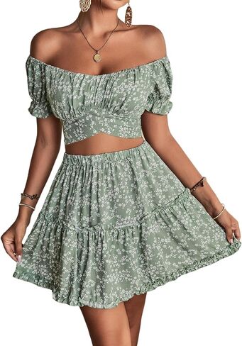 LYANER Women's 2 Piece Outfits Floral Off Shoulder Tie Up Crop Top and Mini Skirt Set in Saudi Arabia