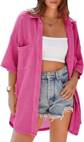 Dokotoo Womens Waffle Knit Tops Casual 3/4 Bell Sleeve Button Down Shirts Lapel V Neck Dressy Blouses with Pocket in Saudi Arabia