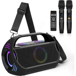 Bass Wireless Bluetooth Speaker 100W,with Karaoke Machine +2 Wireless Microphones + Remote Control,2+2 Stereo Channels,Bass Up 3.0,18000mAh/20H Playtime,RGB Light Show,EQ Equalizer,OTG Recording.
