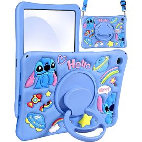 for Samsung Galaxy Tab A9+ Case - Cartoon Cute Women Character 3D Design for Women Girls Girly Soft Silicone Kickstand for Samsung A9 Plus Tablet Case 11 Inch with String, Blue Stit