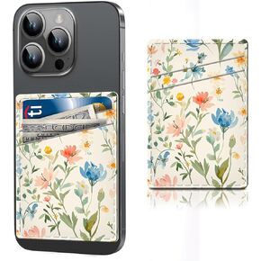 Phone Card Holder, Cute Leather Stick On Adhesive Wallet For Back Of Phone, Credit Cards, ID Card Holder For Phone Case Compatible With Most Phone Dainty Flower Bouquet