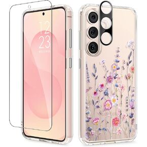 GVIEWIN Compatible with Samsung Galaxy S25 Case, [Screen & Camera Lens Protector] [Non Yellowing] Floral Clear Slim Shockproof Protective Phone Cover, Flower Design for Women, Floratopia/Colorful