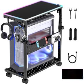 Computer Tower Stand, Height Adjustable PC Tower Stand w/Rolling Wheels & RGB Mouse Pad, 2-Tier ATX-case PC Stand Cart, 100 LBS Capacity, PC Stand for Floor & Under Desk, Printer Stand