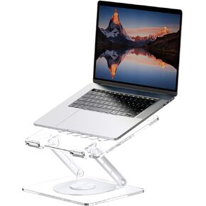 Acrylic Laptop Stand for Desk with 360 Rotating Base Ergonimic Foldable Clear Laptop Riser Compatible with MacBook Pro/Air Notebook up to 16 Inches, Ultra Thick Acrylic Transparent