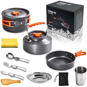 Camping Cookware Set, Non-Stick Lightweight Portable Pot Pan Kettle Mess Kit with Stainless Steel Cup Plate Fork Knive Spoon for Camping, Backpacking, Garden Outdoor Cooking and Picnic