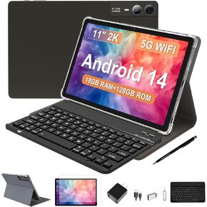 2025 Latest 11 inch Android 14 Tablet, 18GB RAM, 128GB ROM, 1TB Expand, 2K Display, T616 Octa-Core, 5G WiFi, 13MP+5MP+5MP Camera, GPS, 9000mAh, Tablet with Case/Keyboard/Pen, Quad Speakers