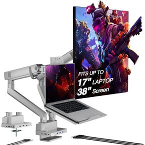 AVLT Dual 17"-38" Monitor Arm Desk Mount with 17" Laptop Tray and USB-C Docking Station, HDMI 4K60Hz, USB-A 5Gbps, Ethernet, 100W PD, Fits Two Flat/Curved Monitor - Gray