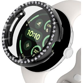 Screen Protector Case Compatible with Google Pixel Watch 3 41mm 45mm Bling Rhinestone Case Hard PC Full Protective Cover with Tempered Glass Film for Pixel Watch 3 Accessories(Silver, 41mm)